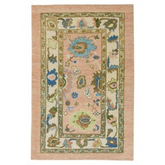 Floral Handwoven Turkish Oushak Rug in Coral, Green, Brown, and Blue 3'1" x 5'1"