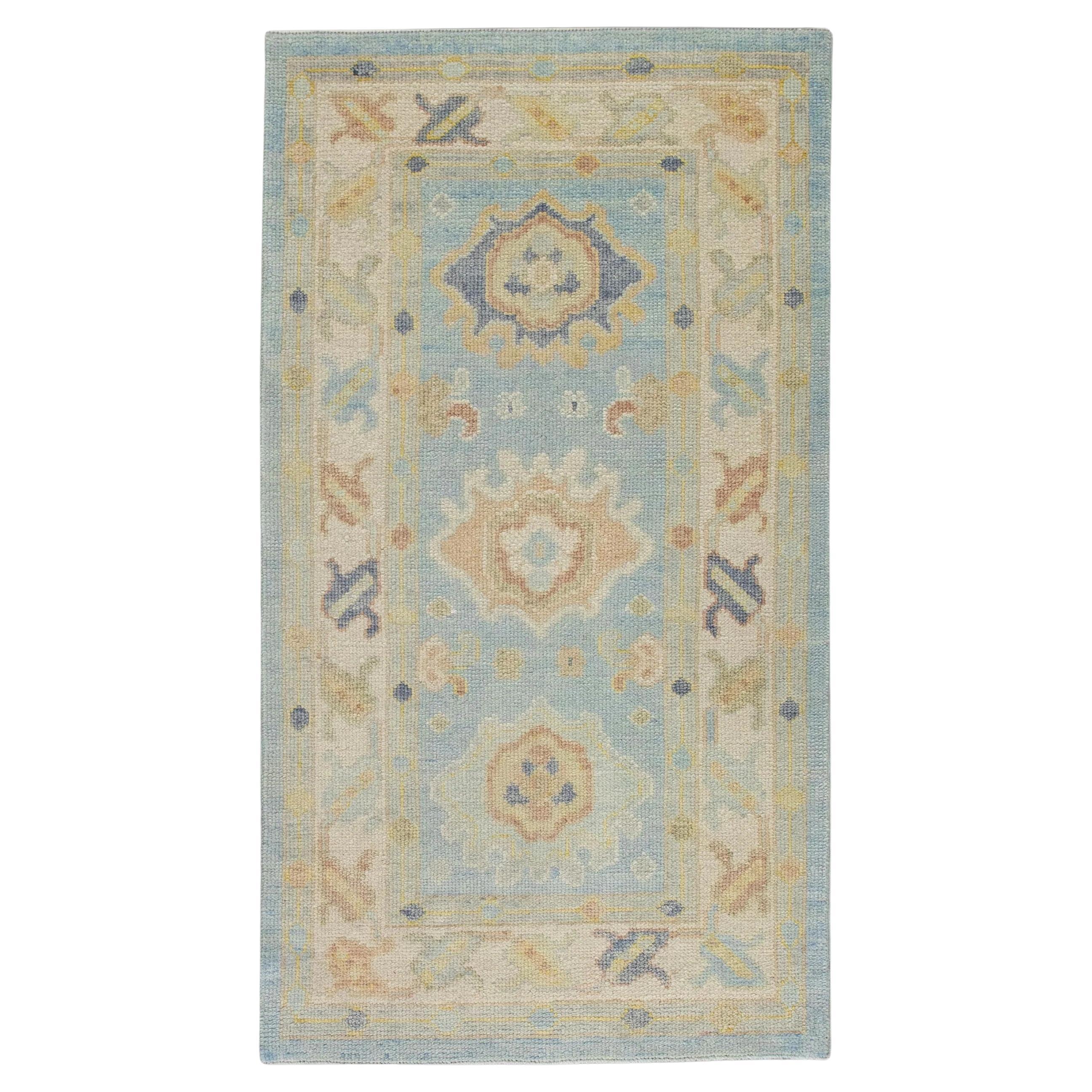 Geometric Floral Handwoven Turkish Oushak Rug in Pastel Blue 2'10" x 5'2" For Sale