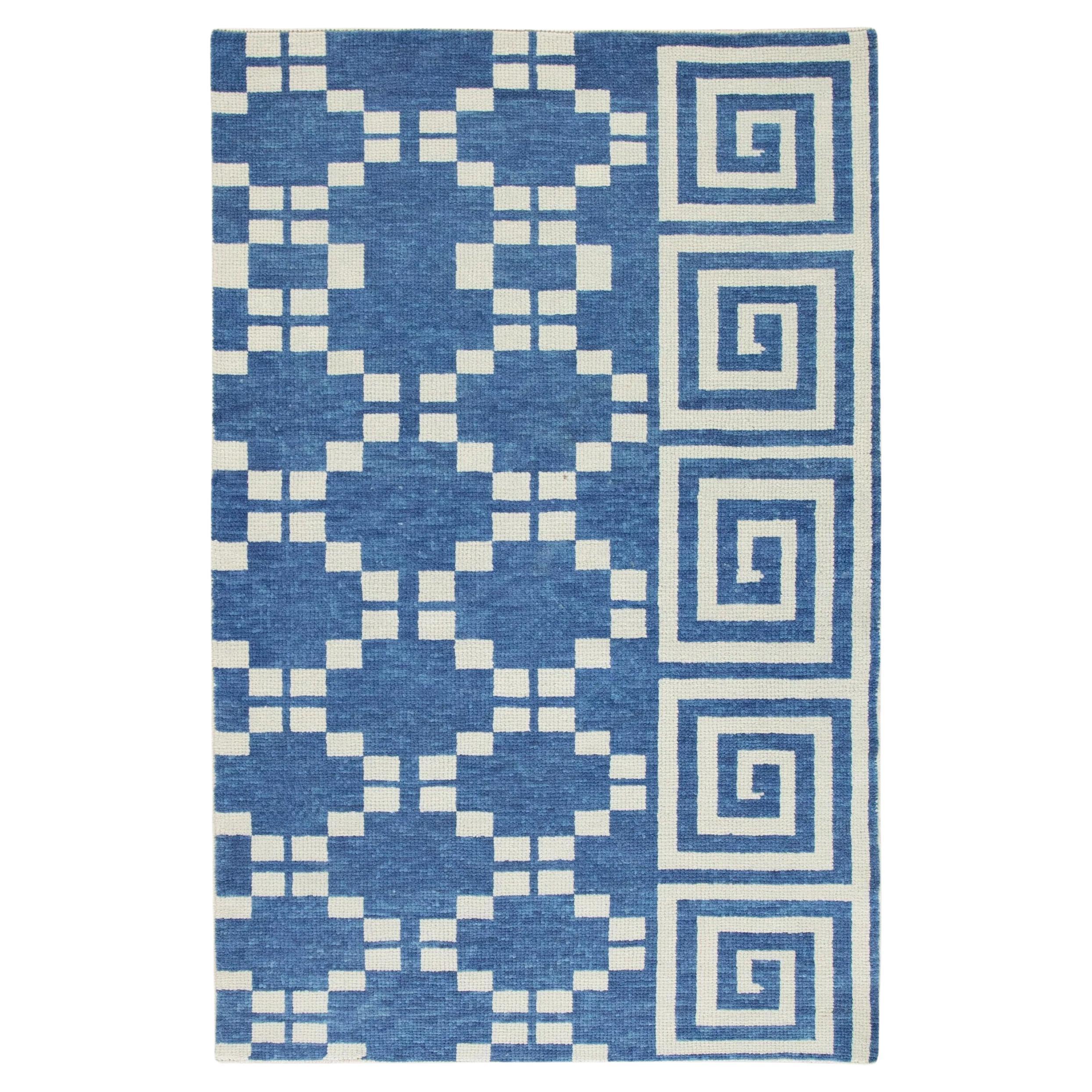 Tribal Geometric Handwoven Turkish Oushak Rug in Blue and Cream 3' x 5'2" For Sale