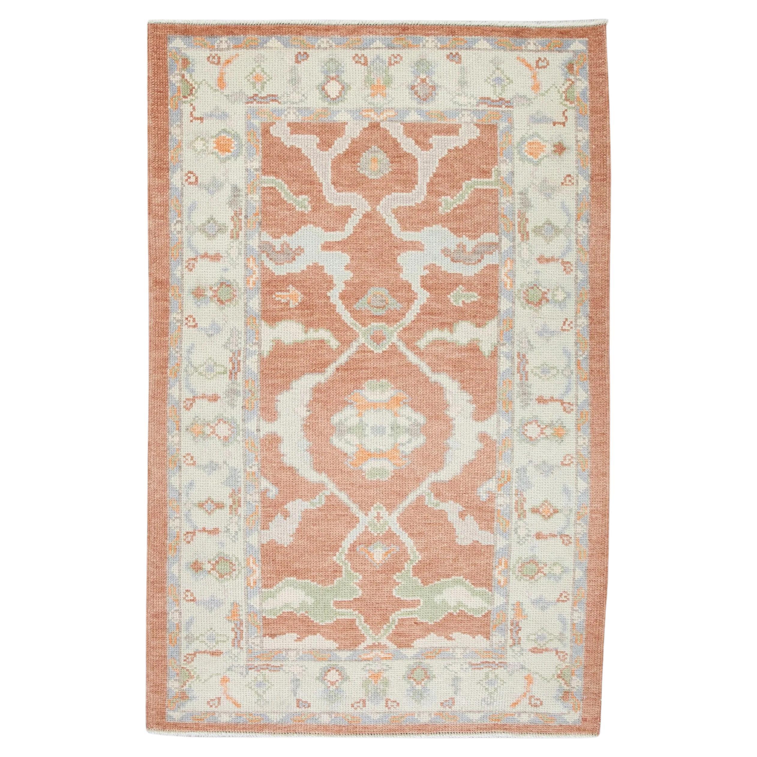 All-Over Floral Handwoven Turkish Oushak Rug in Coral, Cream, and Blue 3'2 x 5'1
