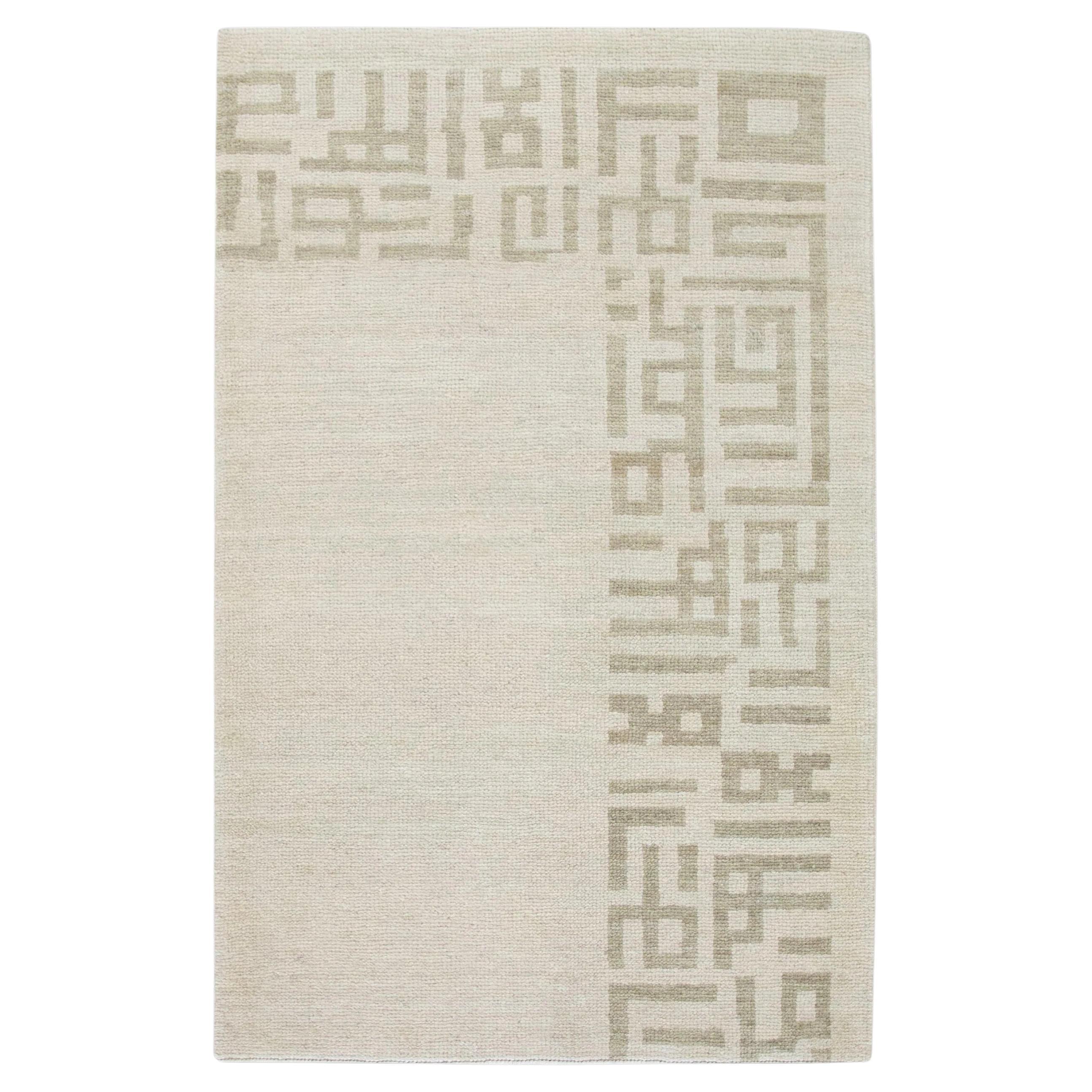 Cream and Taupe Handwoven Turkish Oushak Rug in Geometric Tribal Pattern 3'3x5'2