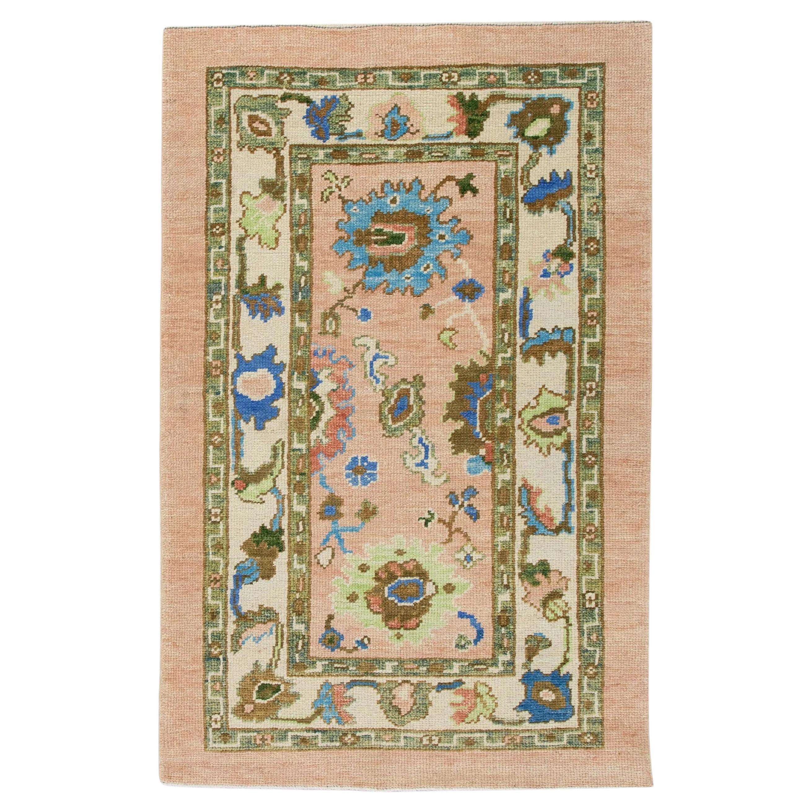 Floral Handwoven Turkish Oushak Rug in Coral, Green, Brown, and Blue 3' x 5'1" For Sale