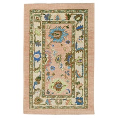 Floral Handwoven Turkish Oushak Rug in Coral, Green, Brown, and Blue 3' x 5'1"