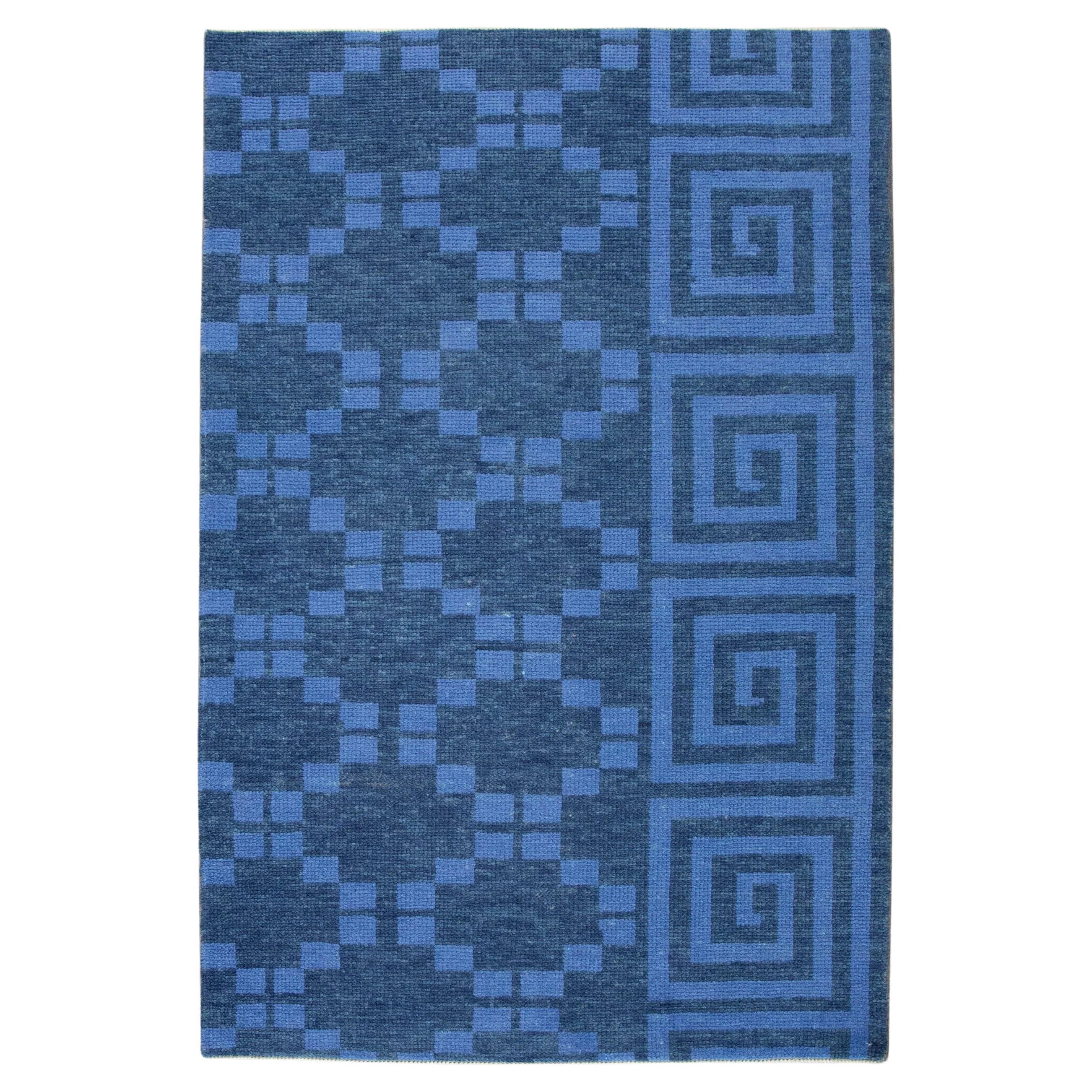 Blue Geometric Tribal Pattern Handwoven Wool Turkish Oushak Rug 3'1" x 4'11"
