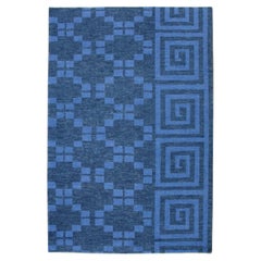 Tapis turc Oushak en laine tissé à la main à motif tribal géométrique bleu 3'1" x 4'11".