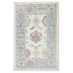 Pastel Blue Floral Design Handwoven Wool Turkish Oushak Rug 4'2" x 5'7"