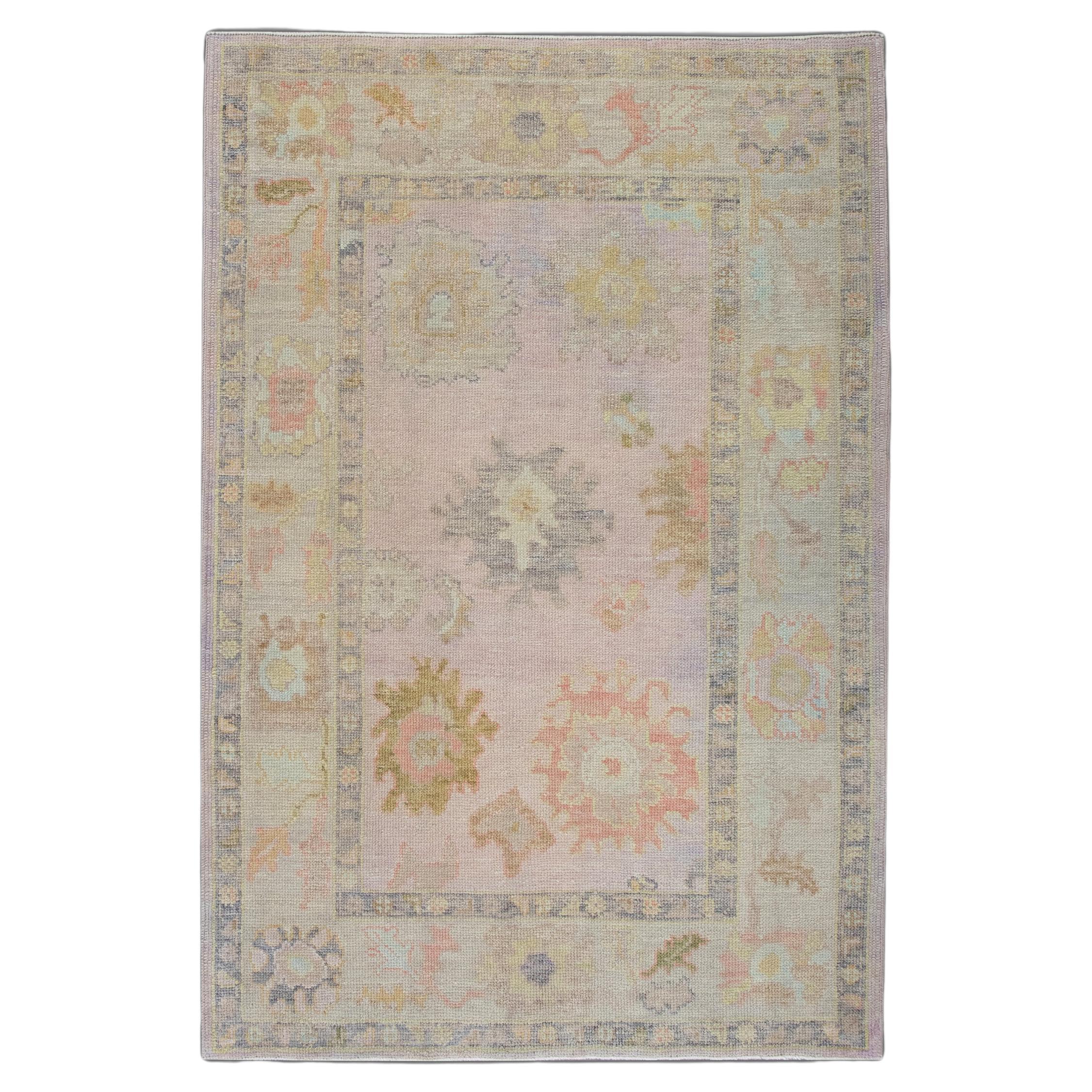 Handwoven Wool Turkish Oushak Rug w/ Colorful Pastel Floral Design 4'1" x 5'10" For Sale