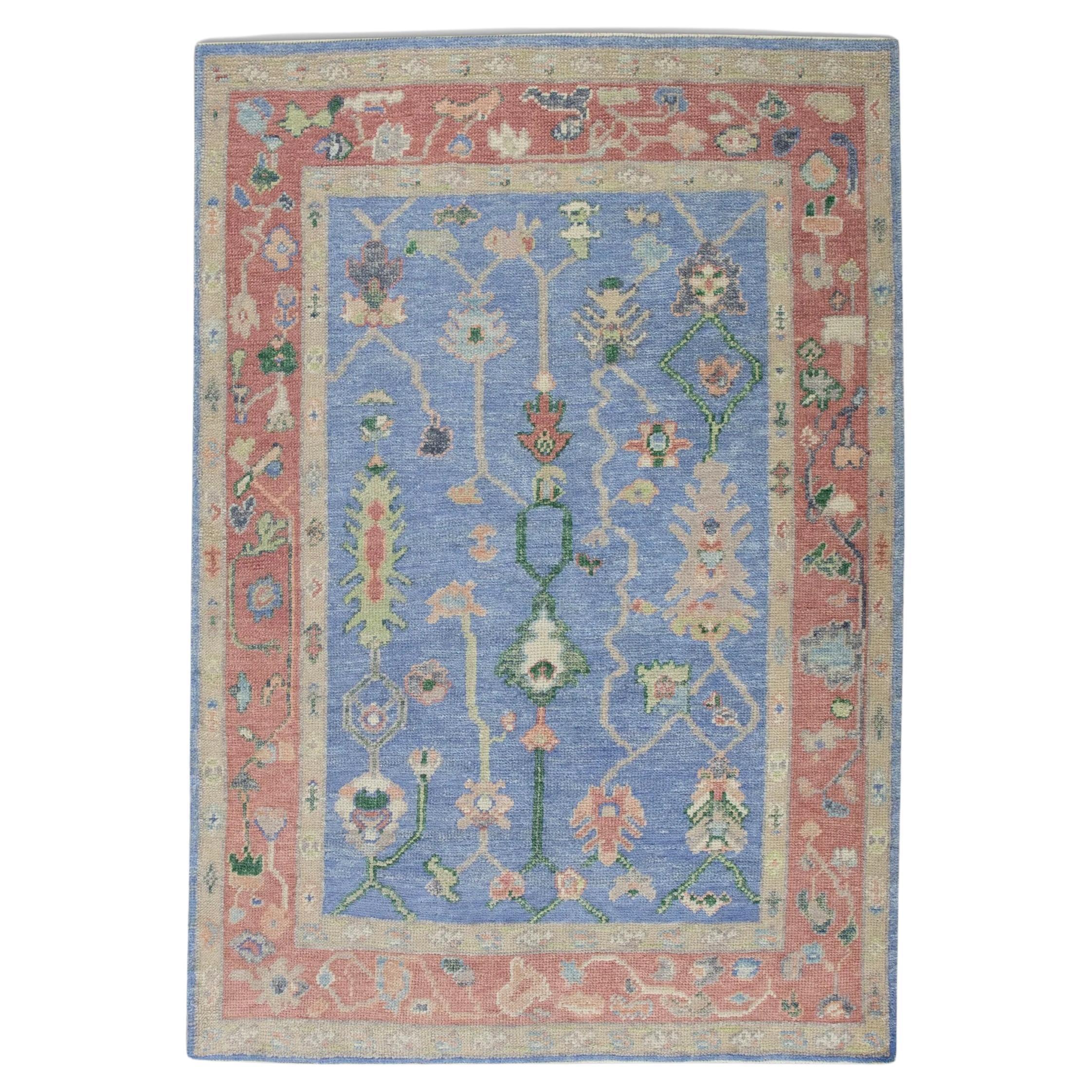 Blue & Red Floral Pattern Handwoven Wool Turkish Oushak Rug 4'2" x 5'10" For Sale