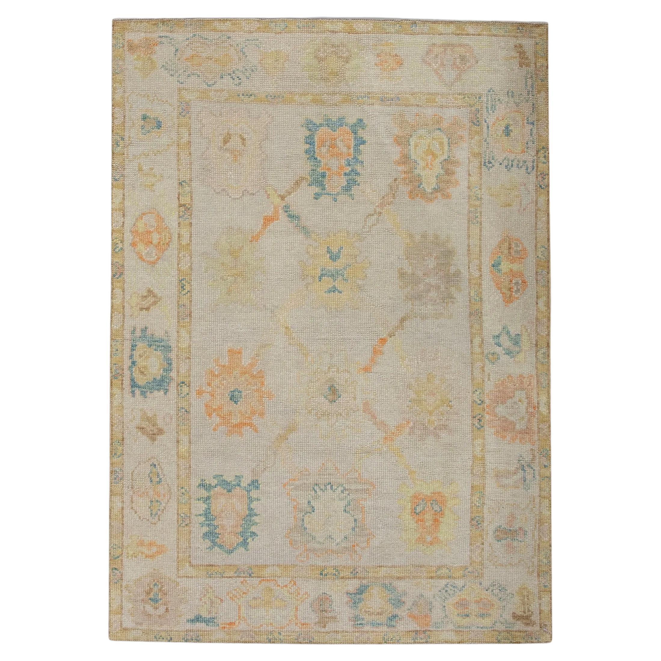 Handwoven Wool Turkish Oushak Rug w/ Colorful Pastel Floral Design 3'11" x 5'6" For Sale
