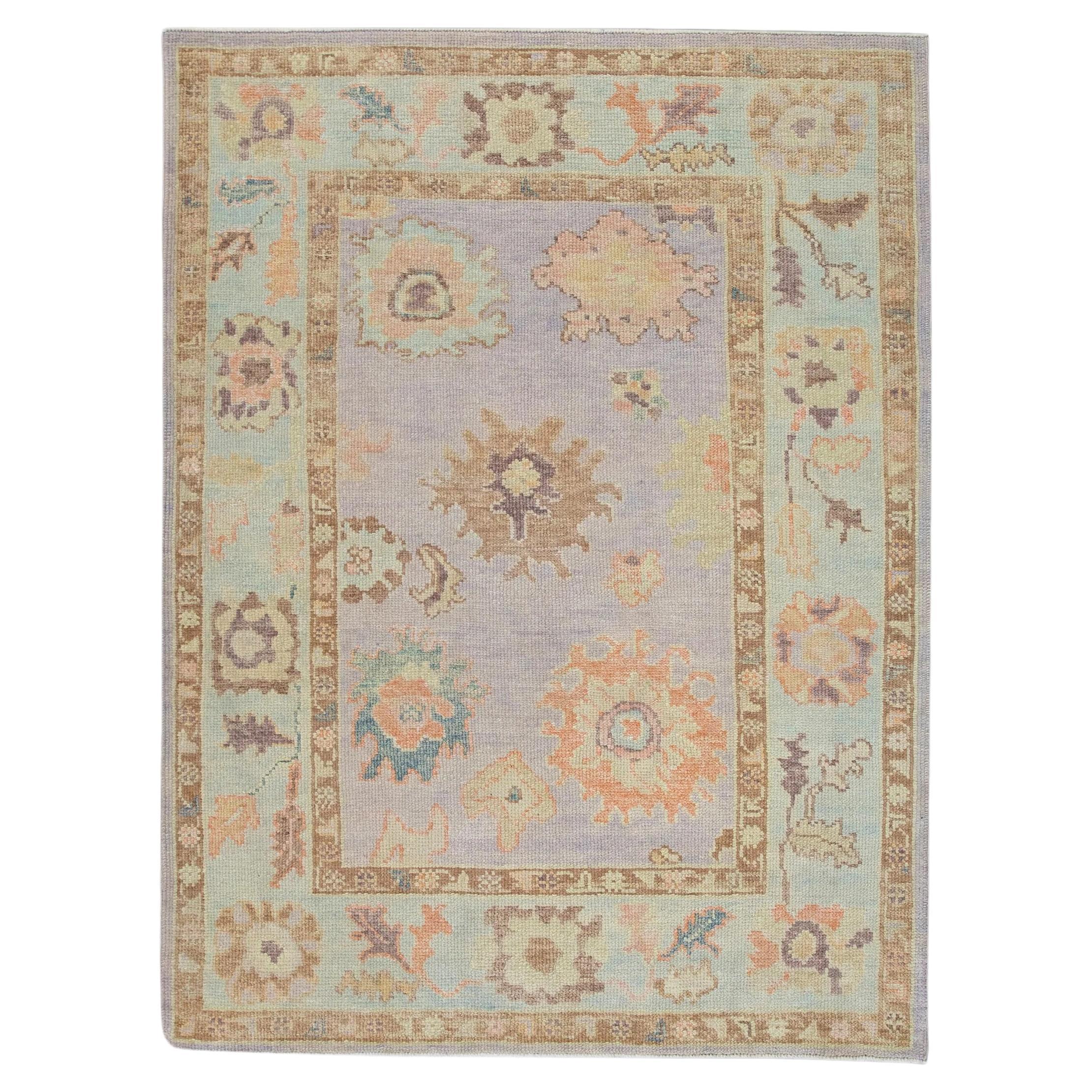 Pastel Purple Colorful Floral Design Handwoven Wool Turkish Oushak Rug 4'1"x5'6" For Sale