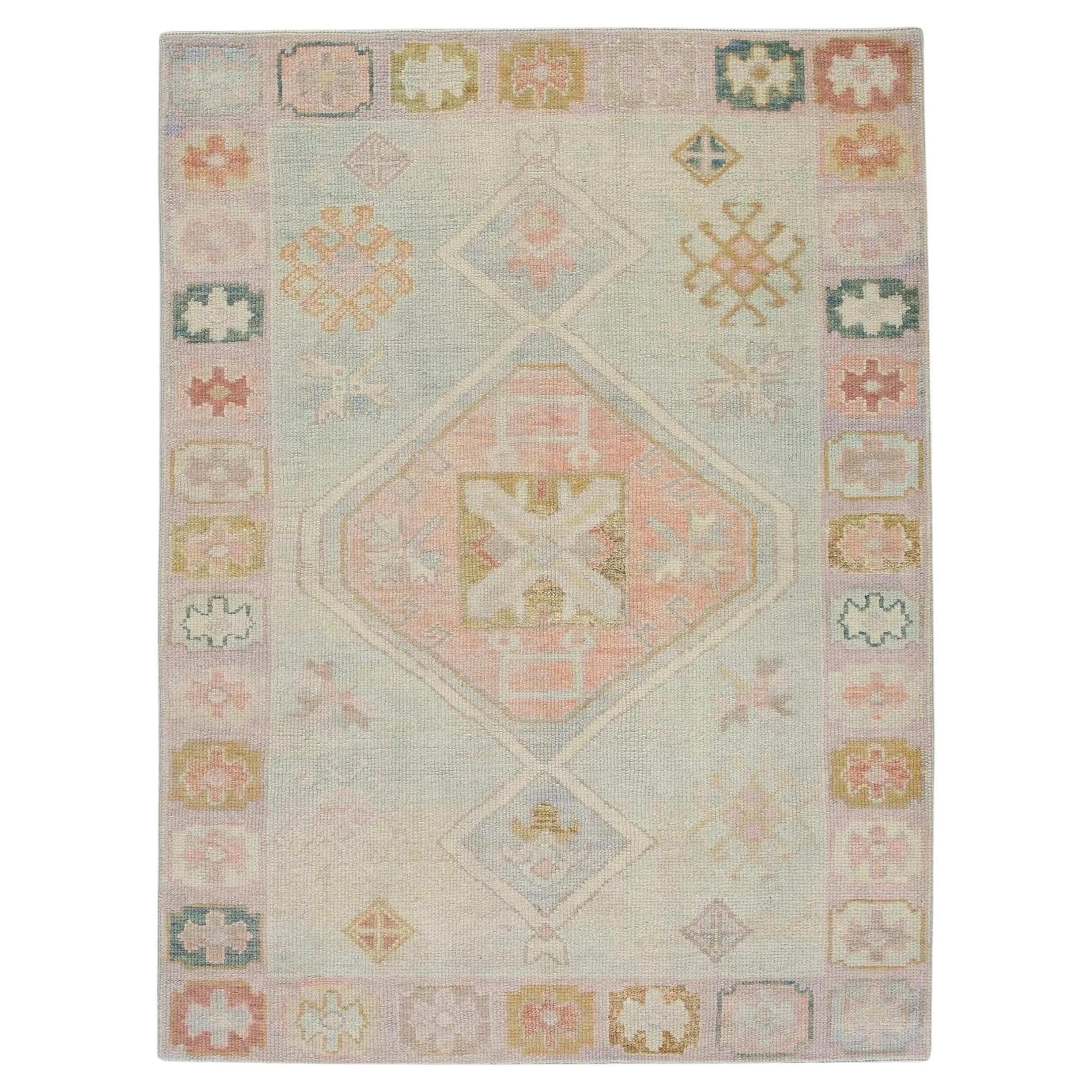 Pastel Blue Colorful Geometric Design Handwoven Wool Turkish Oushak Rug 4'x5'10" For Sale