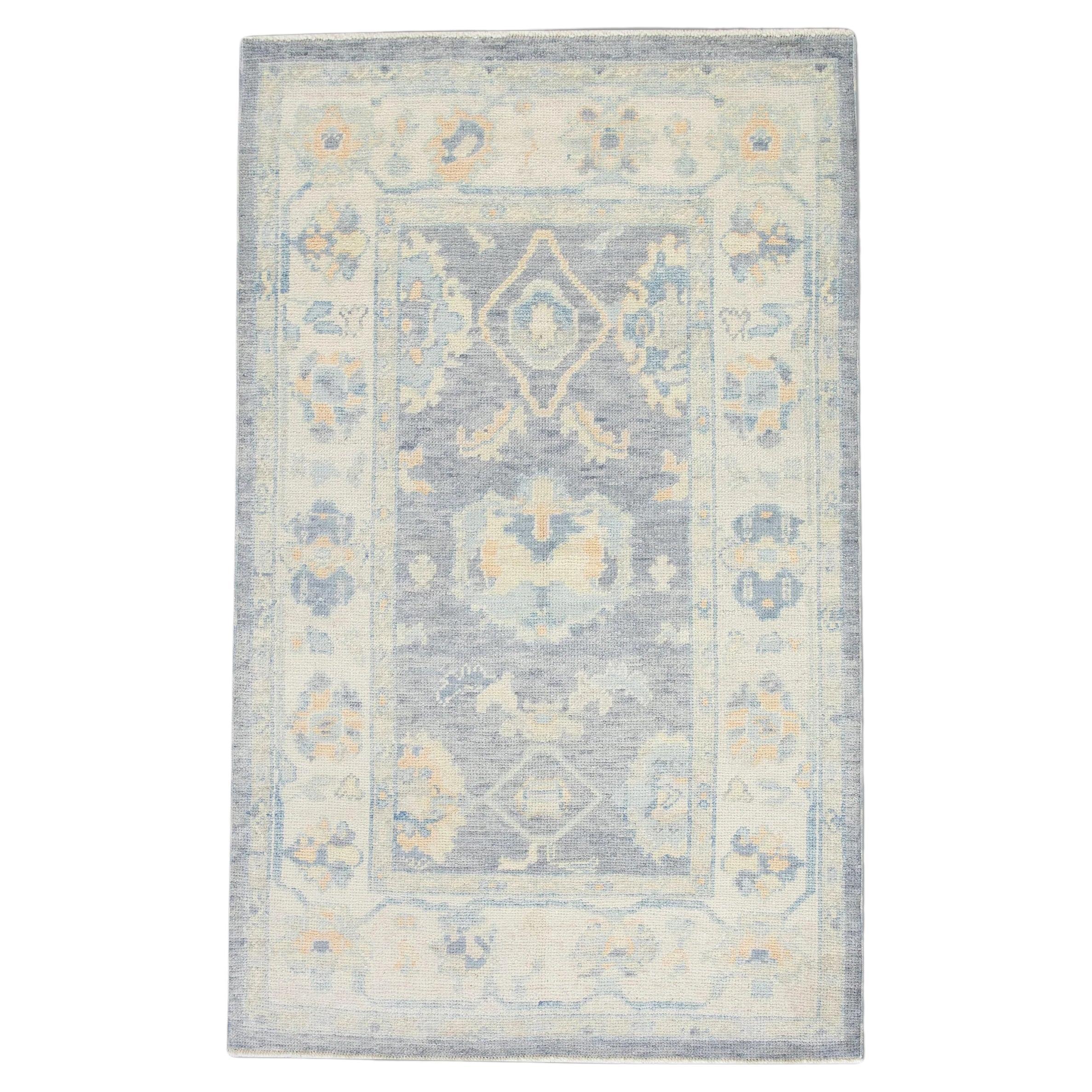 Periwinkle Blue Floral Design Handwoven Wool Turkish Oushak Rug 3'10" x 6' For Sale