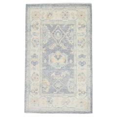 Periwinkle Blue Floral Design Handwoven Wool Turkish Oushak Rug 3'10" x 6'