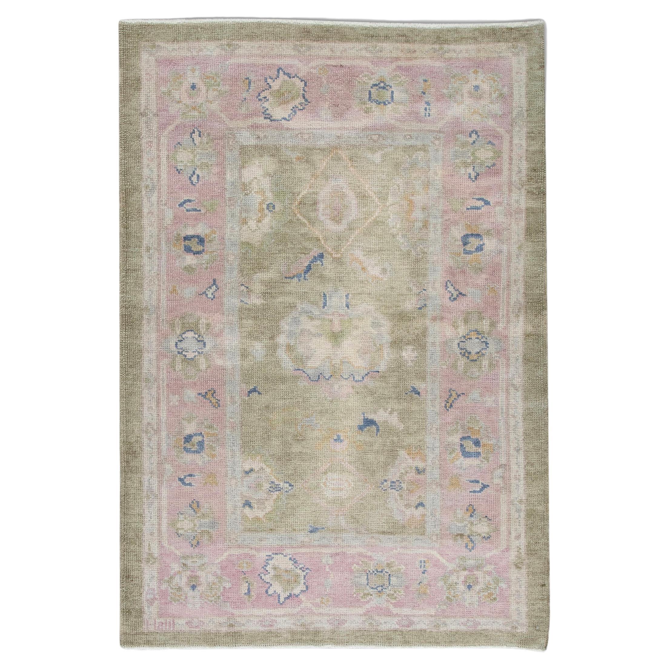 Olive Green and Pink Floral Design Handwoven Wool Turkish Oushak Rug 4'1" x 6'