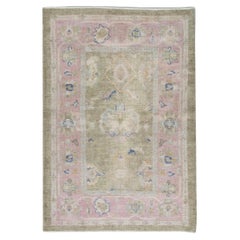 Olive Green and Pink Floral Design Handwoven Wool Turkish Oushak Rug 4'1" x 6'