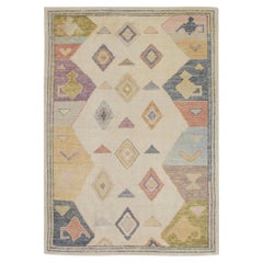 Multicolor Geometric Pattern Handwoven Wool Turkish Oushak Rug 4'2" x 6'1"