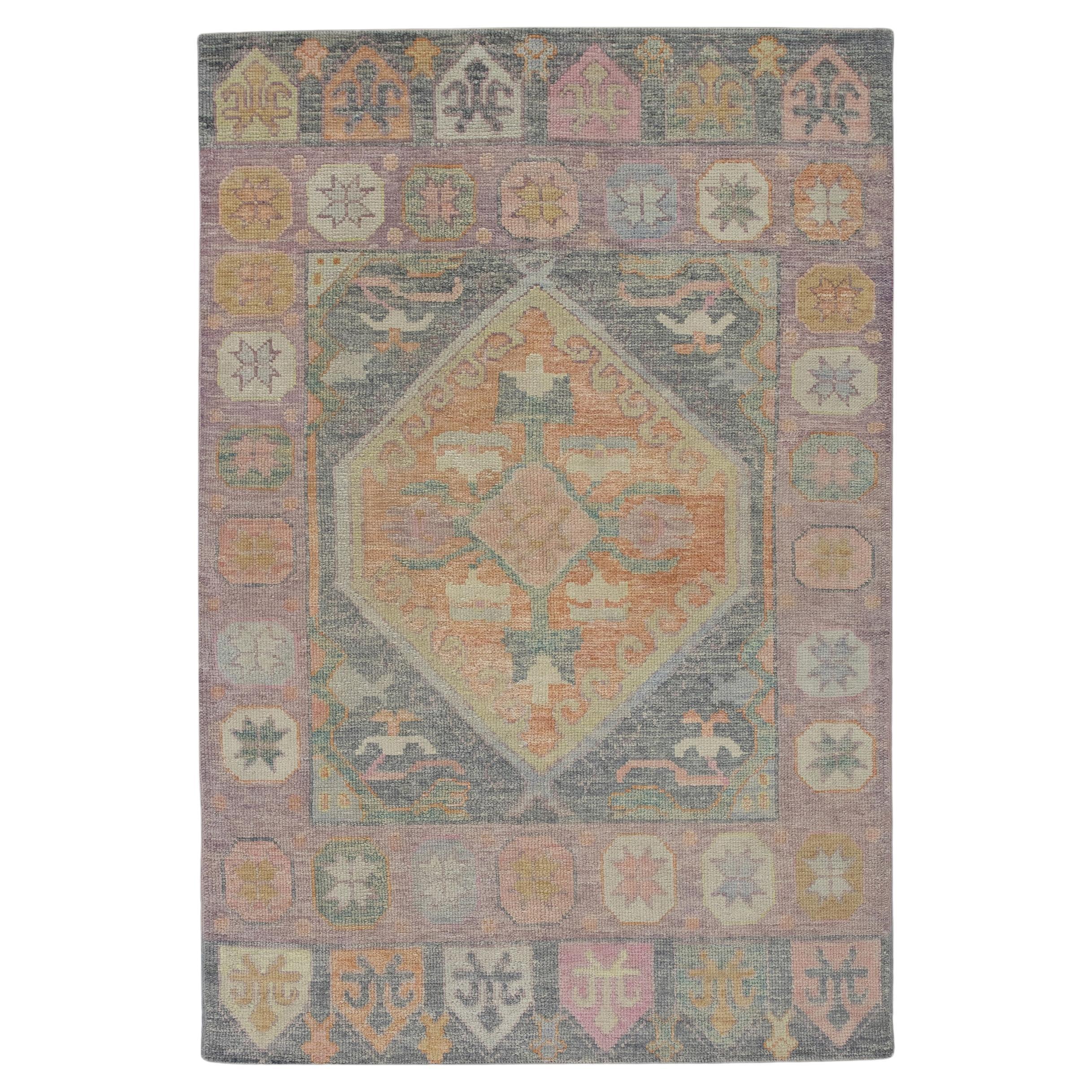 Colorful Geometric Medallion Design Handwoven Wool Turkish Oushak Rug 4'1"x6'1"