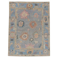 Blue Handwoven Wool Turkish Oushak Rug with Floral Design 5' x 6'11"