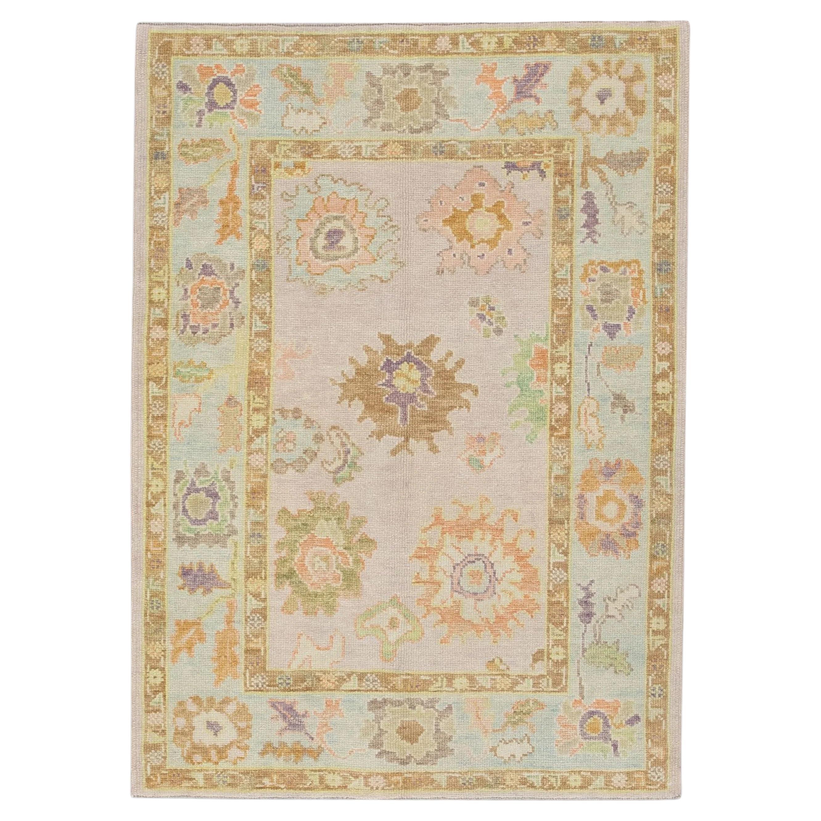 Handwoven Wool Turkish Oushak Rug Lilac Field Multicolor Floral Design 4'2 x 5'7 For Sale