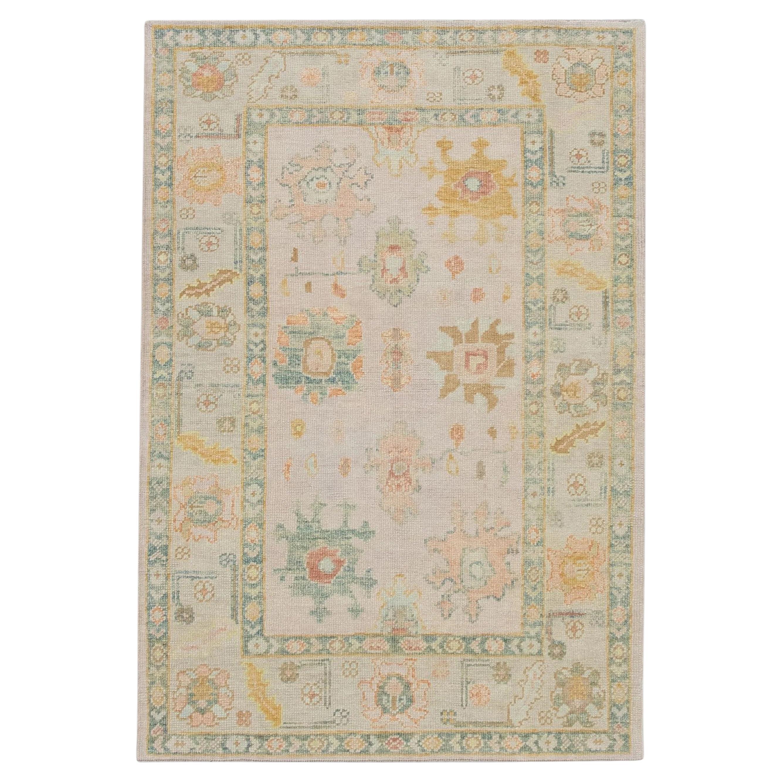 Multicolor Floral Design Handwoven Wool Turkish Oushak Rug 4' x 5'11" For Sale