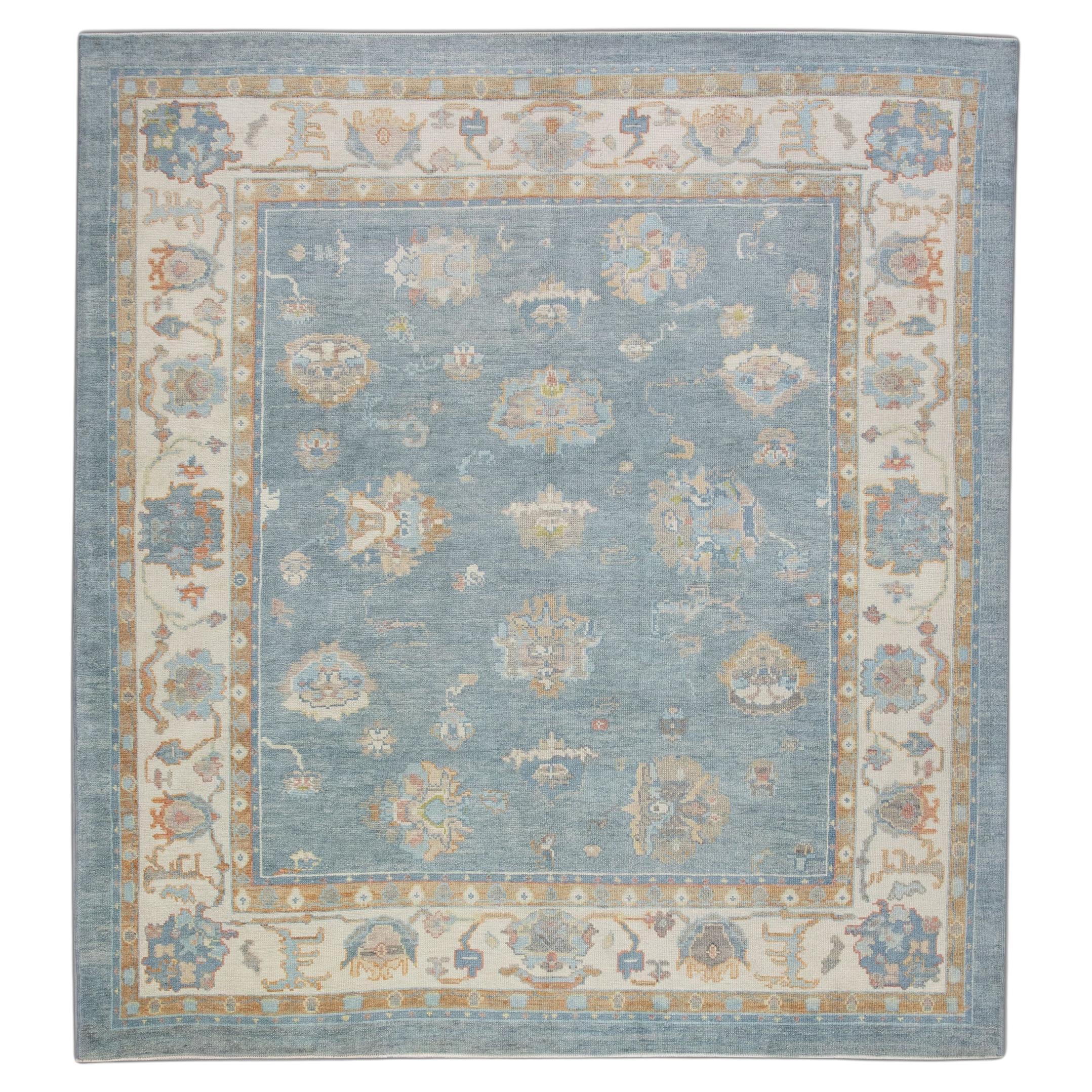 Blue Floral Design Turkish Oushak Rug Made with Handwoven Wool 9'4" x 9'9" For Sale