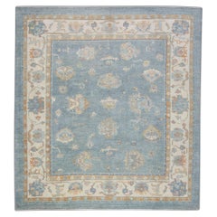 Blue Floral Design Turkish Oushak Rug Made with Handwoven Wool 9'4" x 9'9"