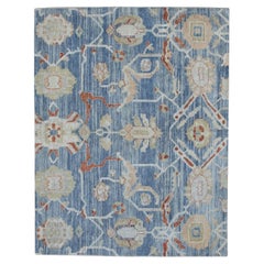 Blauer handgewebter türkischer Oushak-Teppich aus Wolle mit rotem Blumenmuster 8' x 6'7"