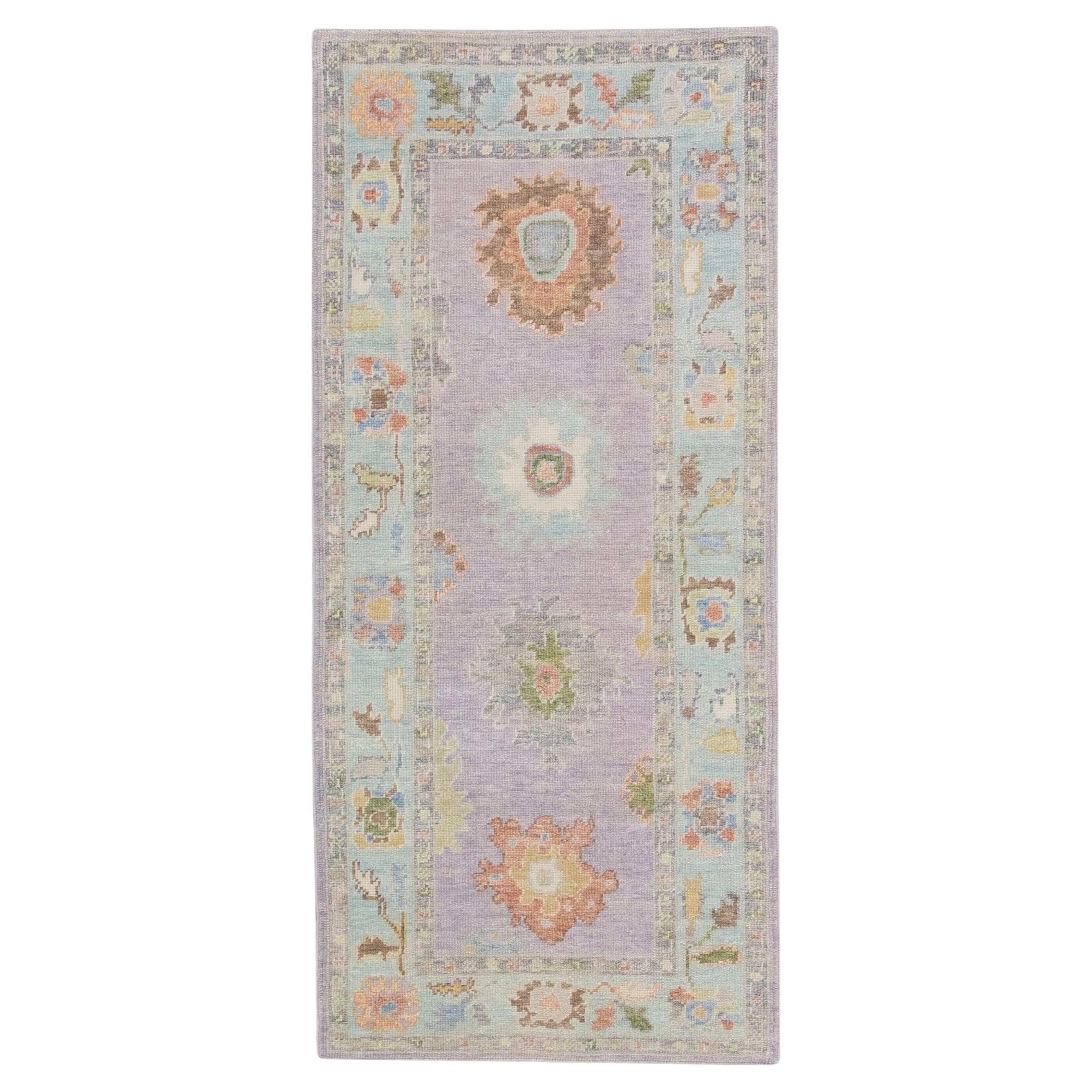 Handwoven Wool Turkish Oushak Rug with Lilac Floral Design 3'1" x 6'6" For Sale