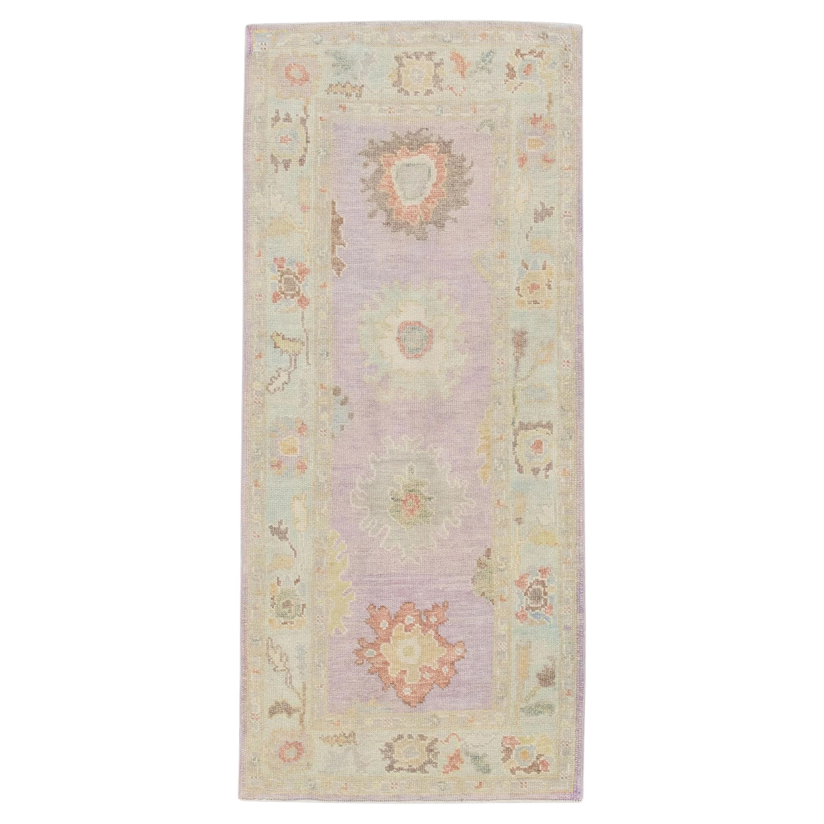 Pink Handwoven Wool Turkish Oushak Rug with Floral Design 3'1" x 6'10"