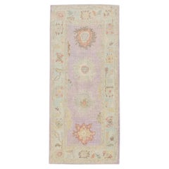 Pink Handwoven Wool Turkish Oushak Rug with Floral Design 3'1" x 6'10"