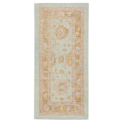 Soft Blue Handwoven Wool Turkish Oushak Rug with Colorful Floral Design 3' x 6'3
