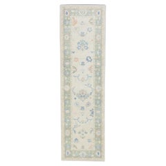 Floral Handwoven Wool Turkish Oushak Rug with Soft Green Border 2'5" x 8'3"