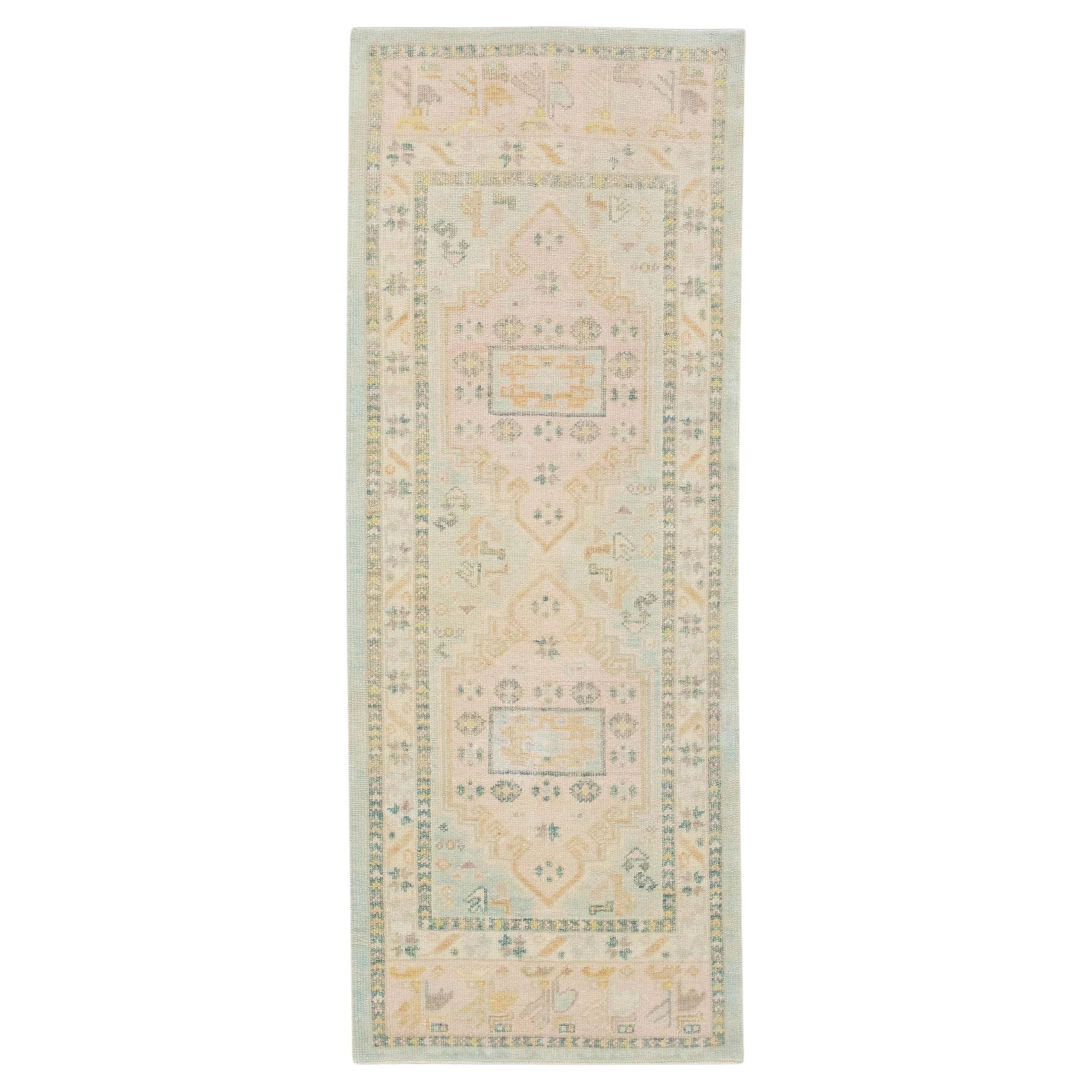 Handwoven Wool Turkish Oushak Rug with Multicolor Medallion Design 2'11" x 7'3" For Sale