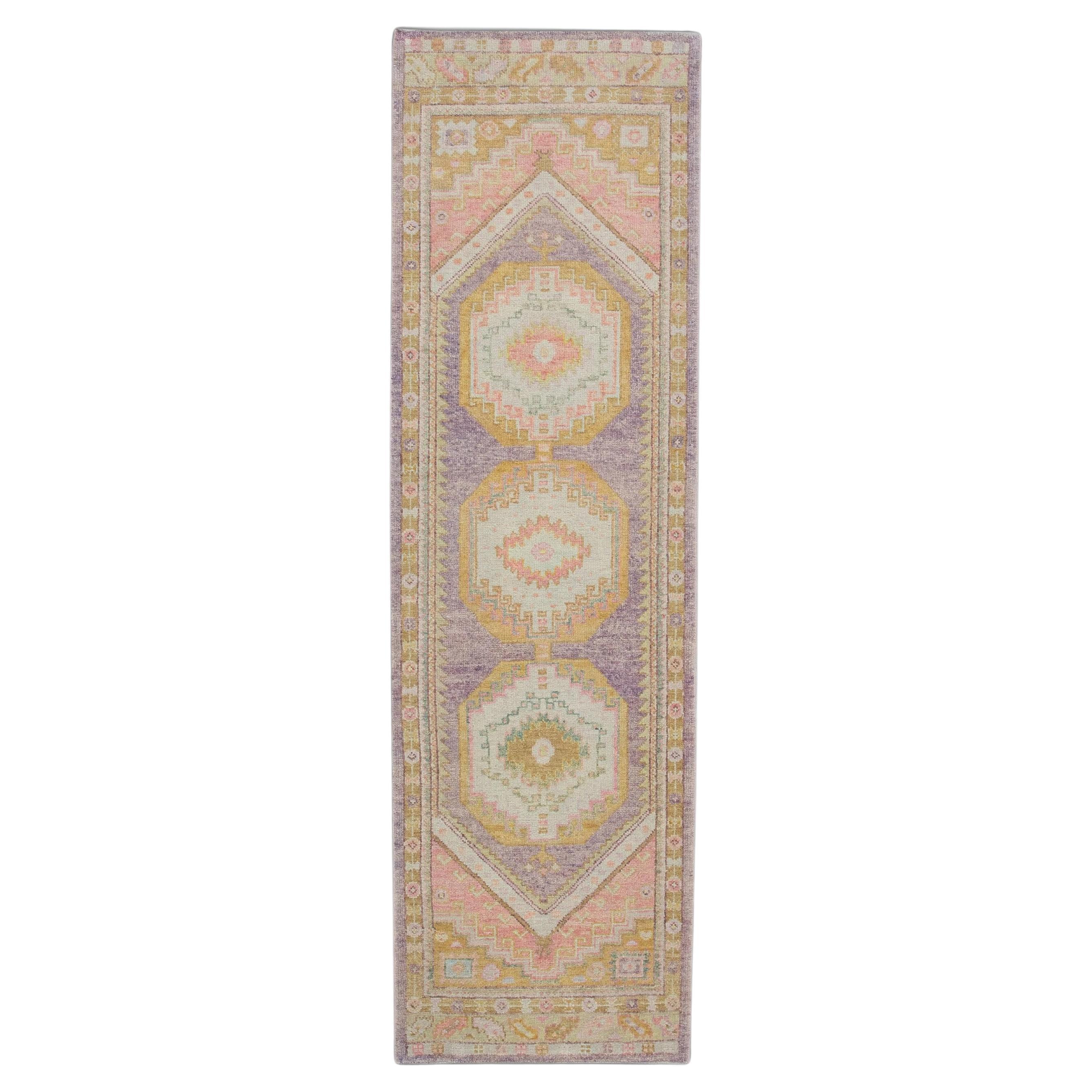 Multicolor Handwoven Wool Turkish Oushak Rug with Medallion Design 3' x 10'3"