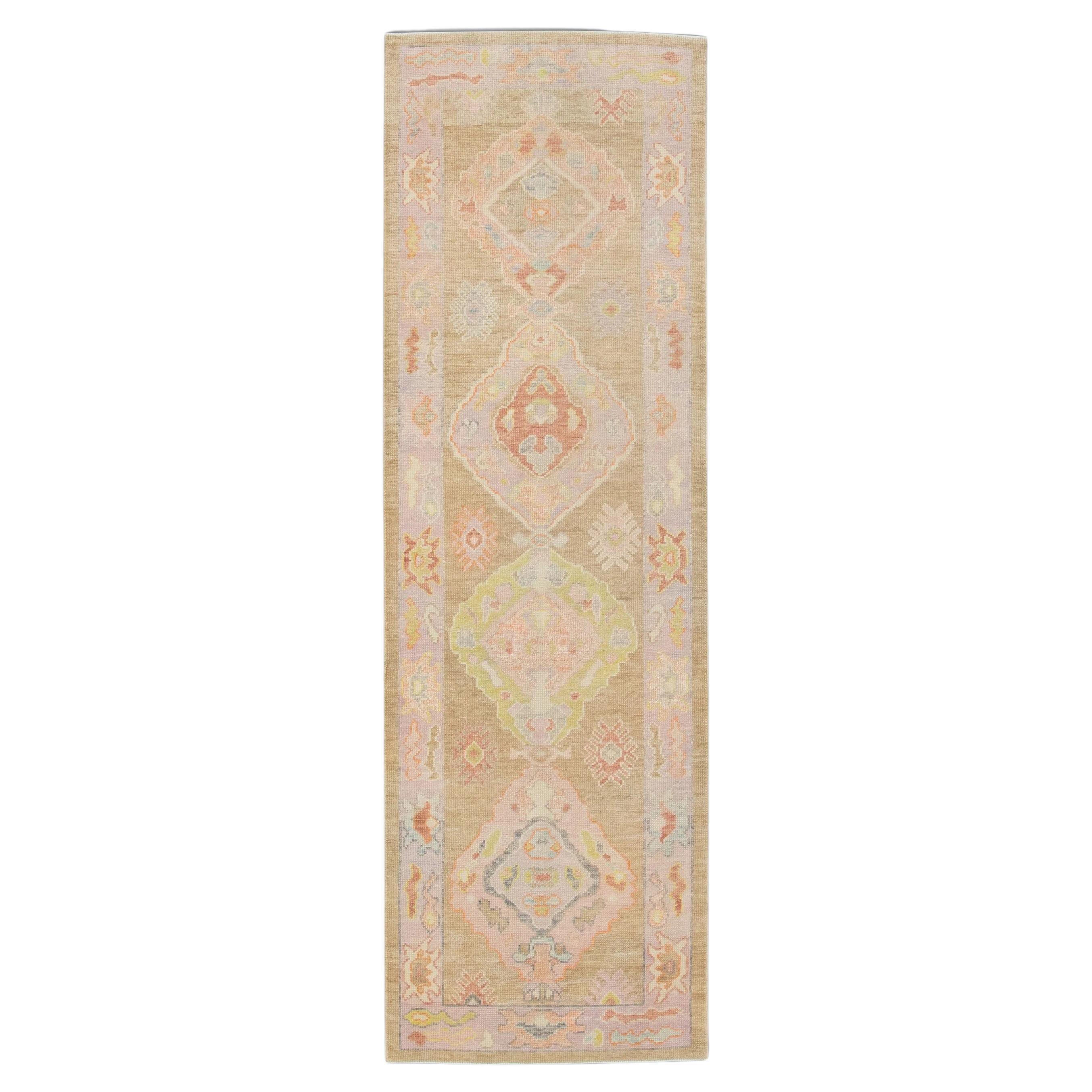 Colorful Handwoven Wool Turkish Oushak Rug with Pink Floral Design 3' x 9'6"