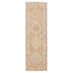 Colorful Handwoven Wool Turkish Oushak Rug with Pink Floral Design 3' x 9'6"