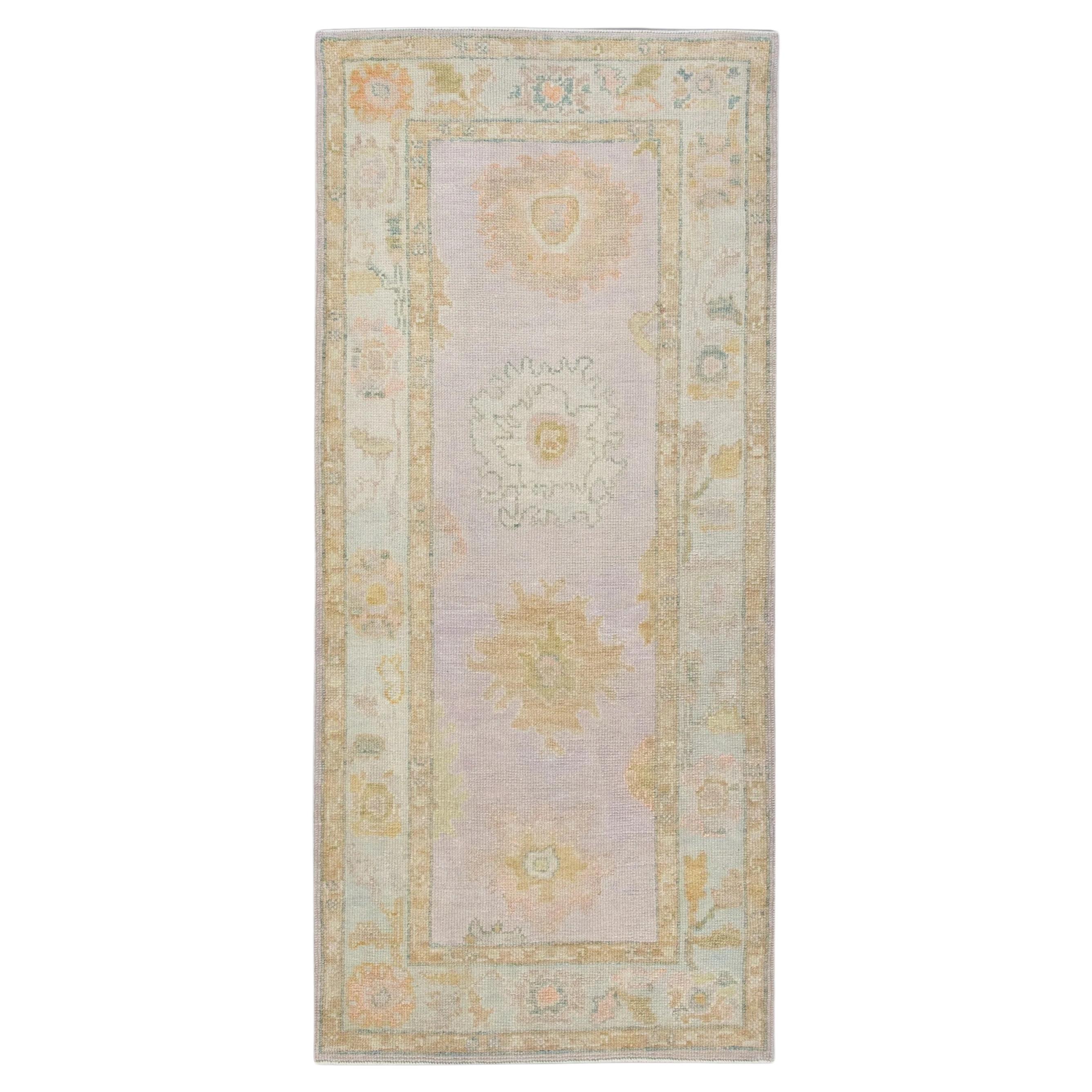 Handwoven Wool Turkish Oushak Rug with Pastel Colors and Floral Design 3' x 6'8"