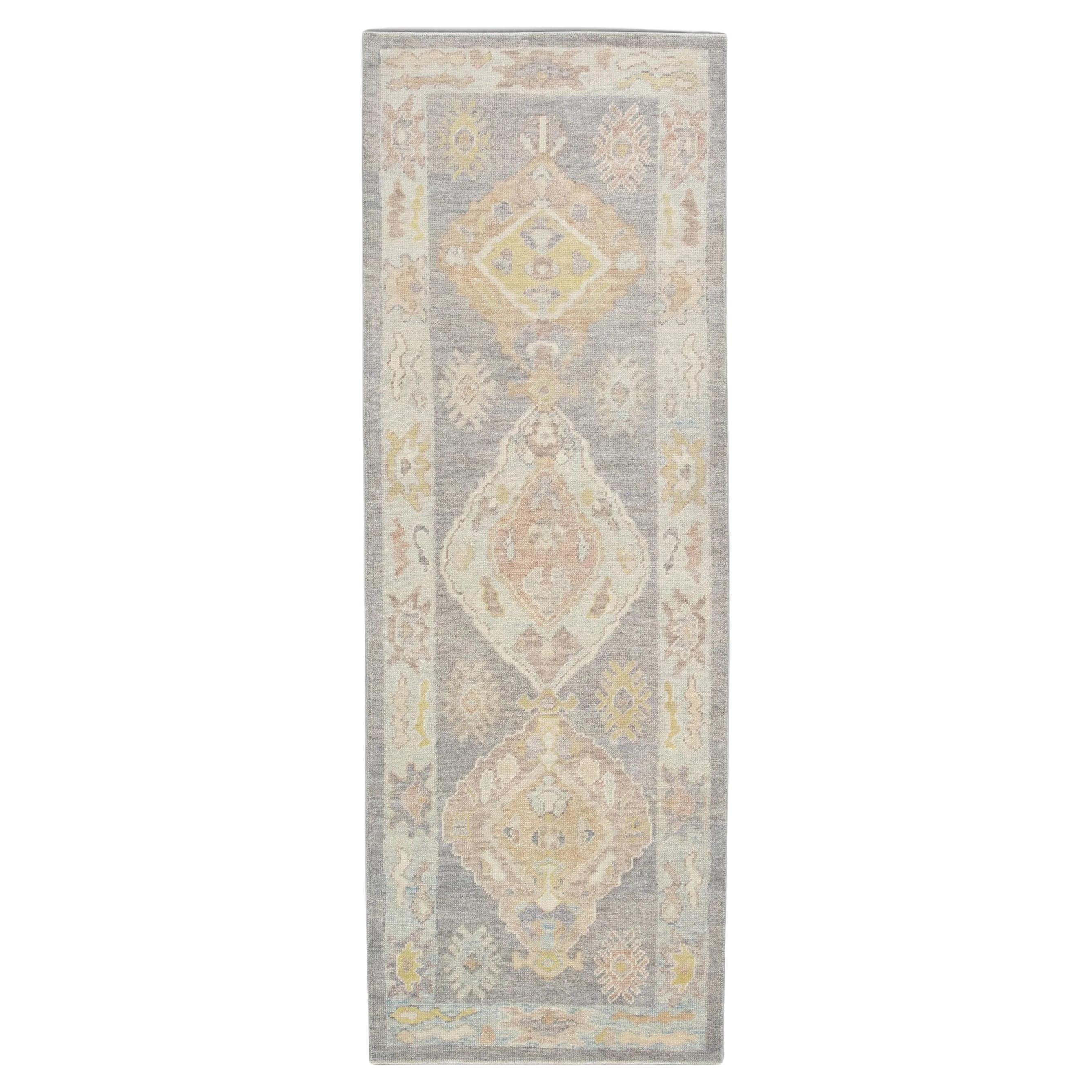 Handwoven Wool Soft Purple Floral Turkish Oushak Rug 3'1" x 8'6" For Sale