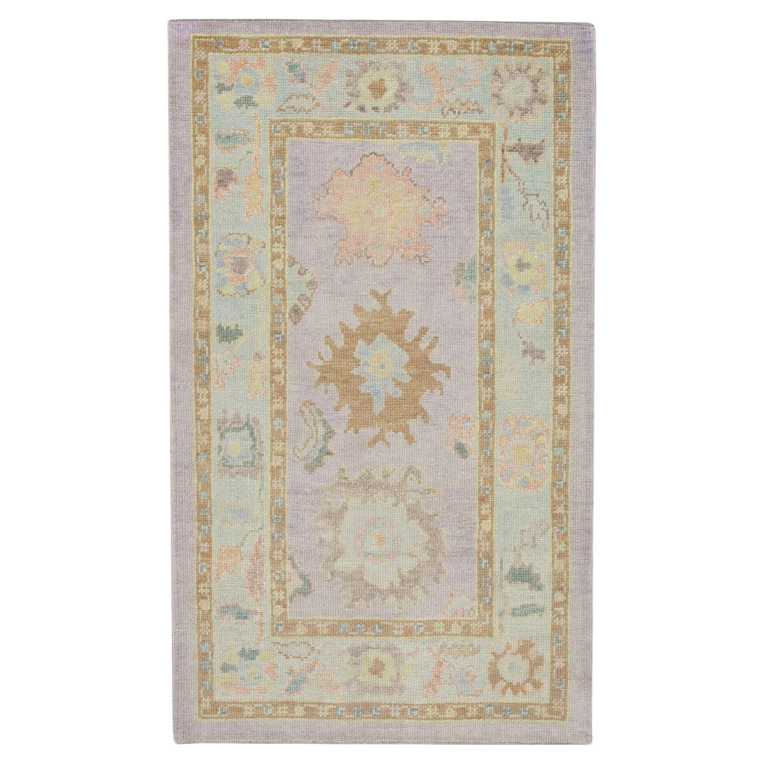 Floral Handwoven Wool Turkish Oushak Rug With Lavender Design 3'2" x 5'4"  For Sale