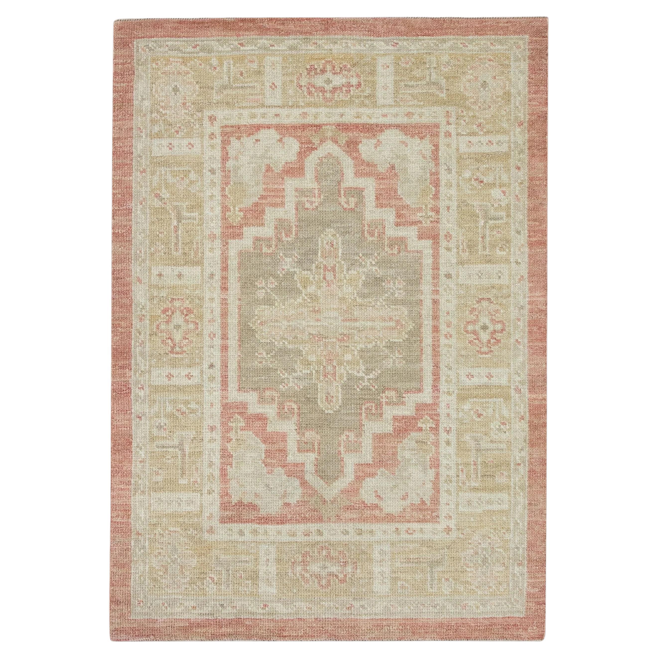 Red Handwoven Wool Turkish Oushak Rug with Medallion/Crest Design 2'11" x 4'3"