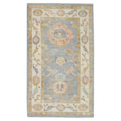 Floral Handwoven Wool Turkish Oushak Rug with Blue Field Yellow Border 2'11 X 5'