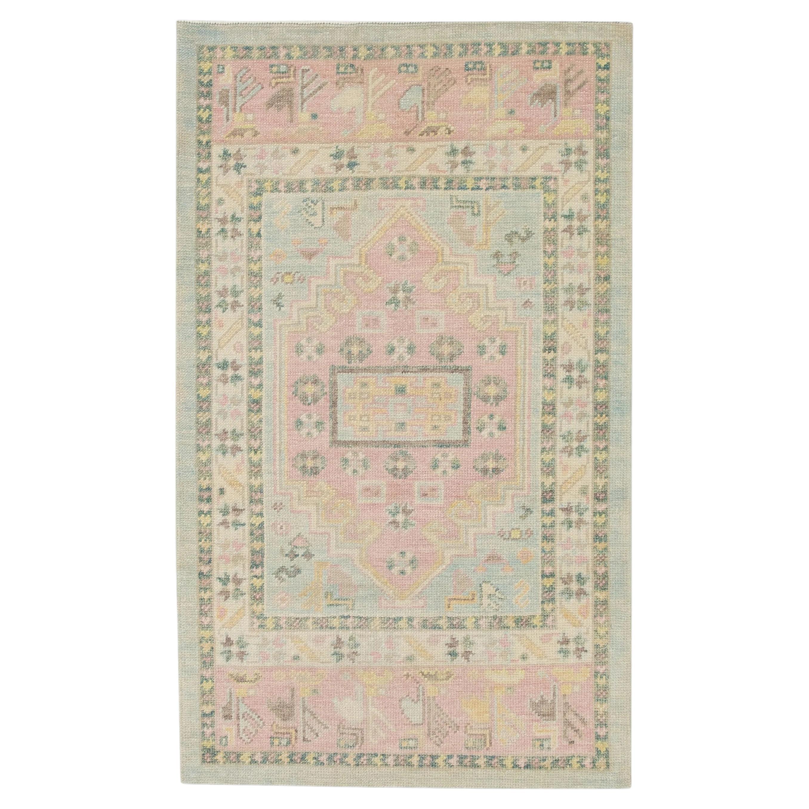 Green/Pink Handwoven Wool Floral Turkish Oushak Rug 3' x 4'6" For Sale