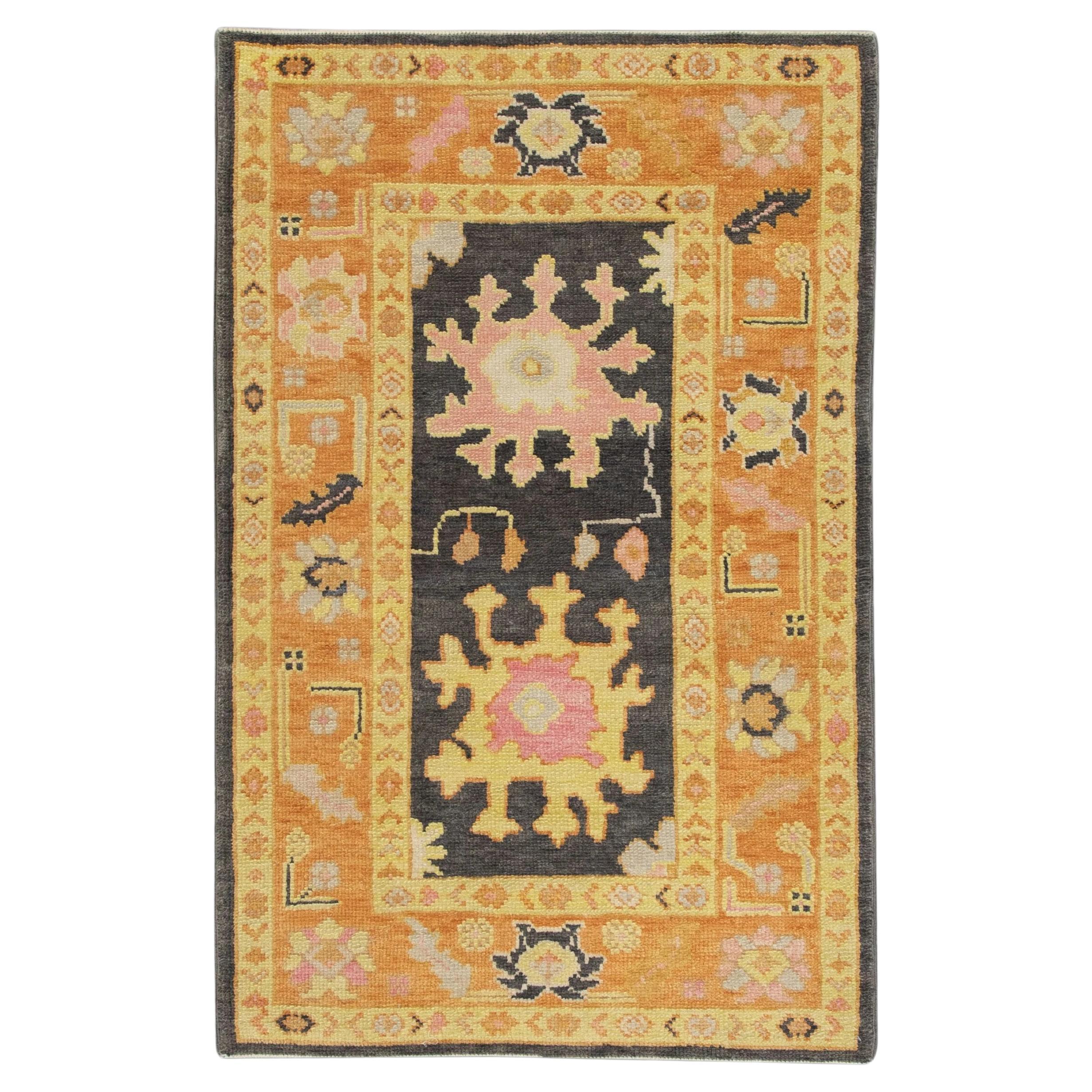 Handwoven Turkish Oushak Rug with Orange and Pink Floral Design 3'1" x 4'8" For Sale