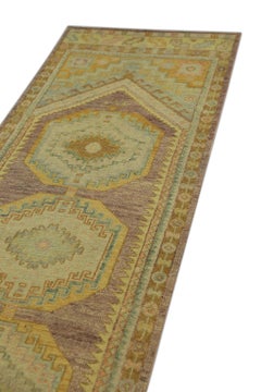 Turkish Oushak Rug Gold and Soft Pastels Handwoven Wool Rug 3'2" x 9'11"