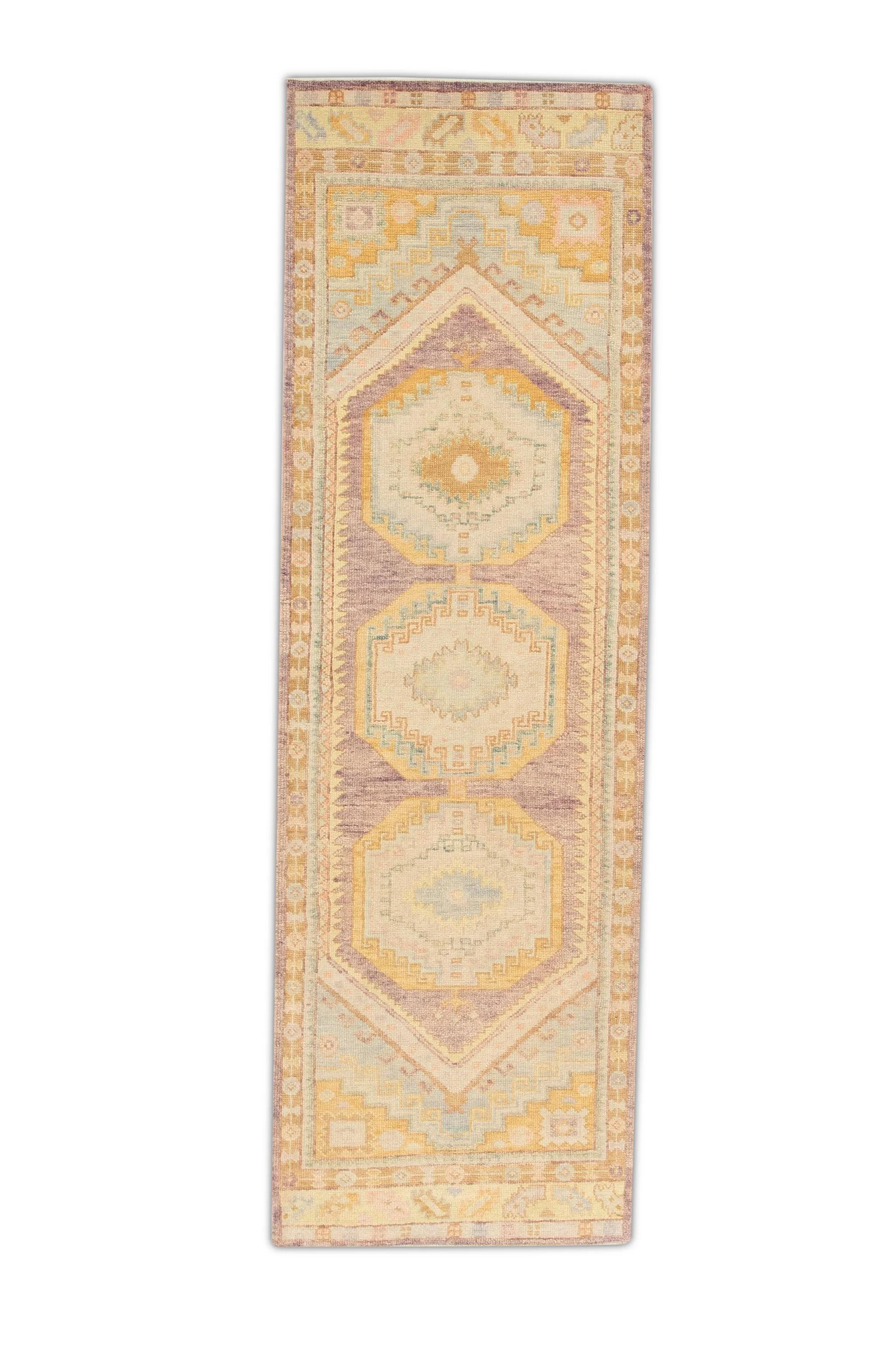 Tappeto turco Oushak Oro e tenui colori pastello Tessuto a mano in lana 3'2