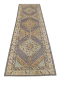 Turkish Oushak Rug Gold & Gray Medallion Handwoven Wool Rug 3'1" x 10'1"
