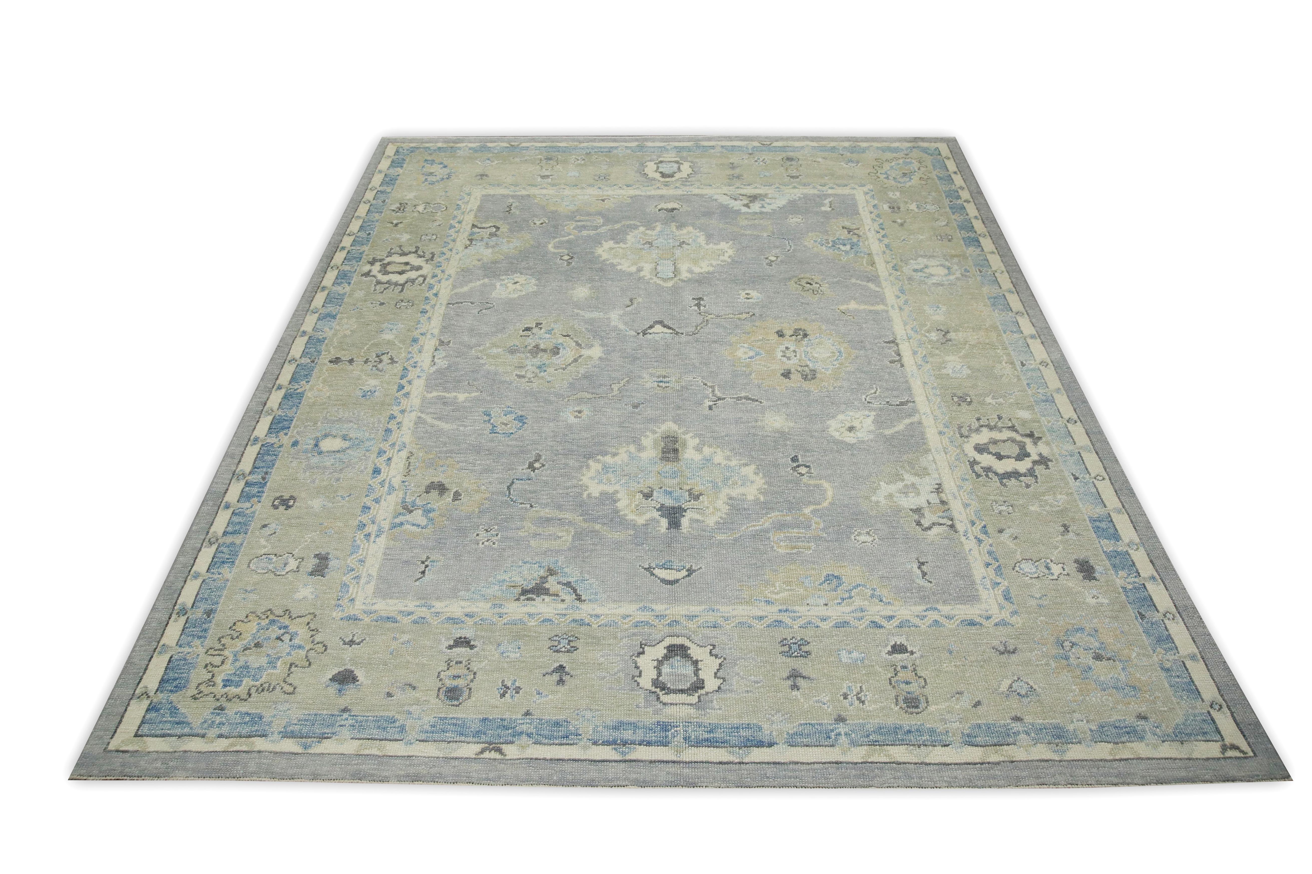 XXIe siècle et contemporain Tapis turc Oushak Gris Bleu Beige Tapis de laine tissé à la main 8' x 9'6