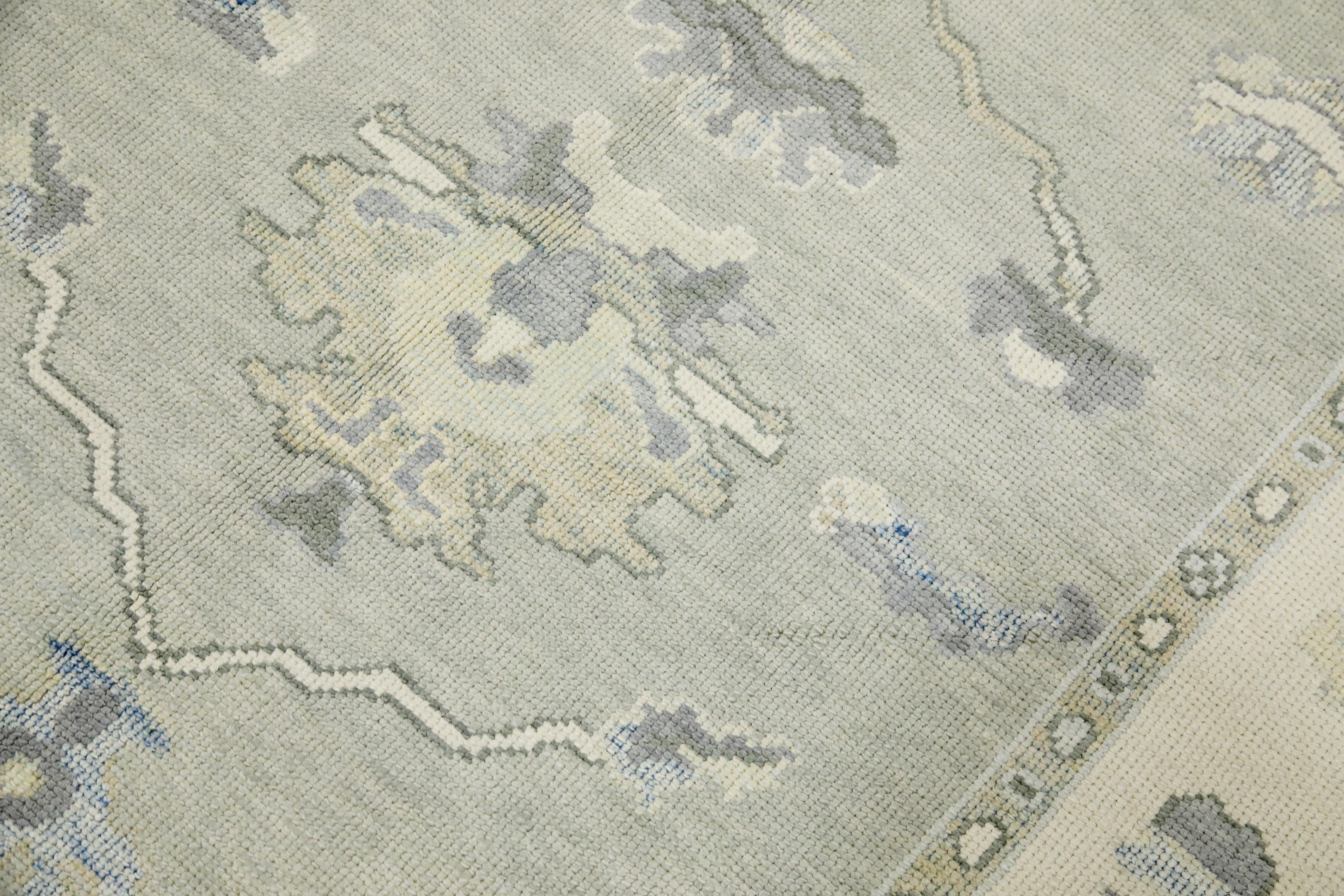 Turkish Oushak Rug Gray & Blue Floral Design Handwoven Wool Rug 5'11
