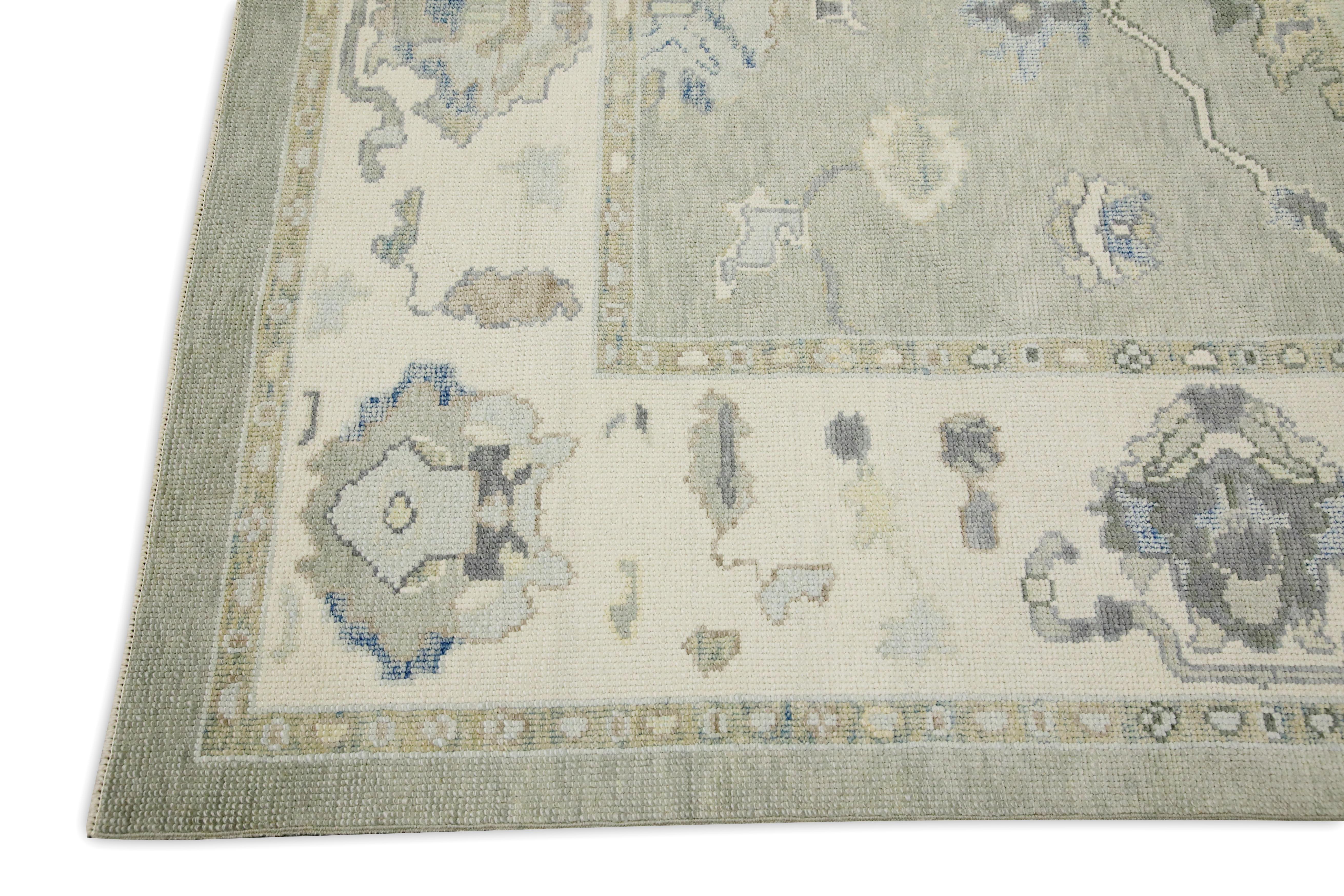 Hand-Woven Turkish Oushak Rug Gray & Blue Floral Design Handwoven Wool Rug 5'11