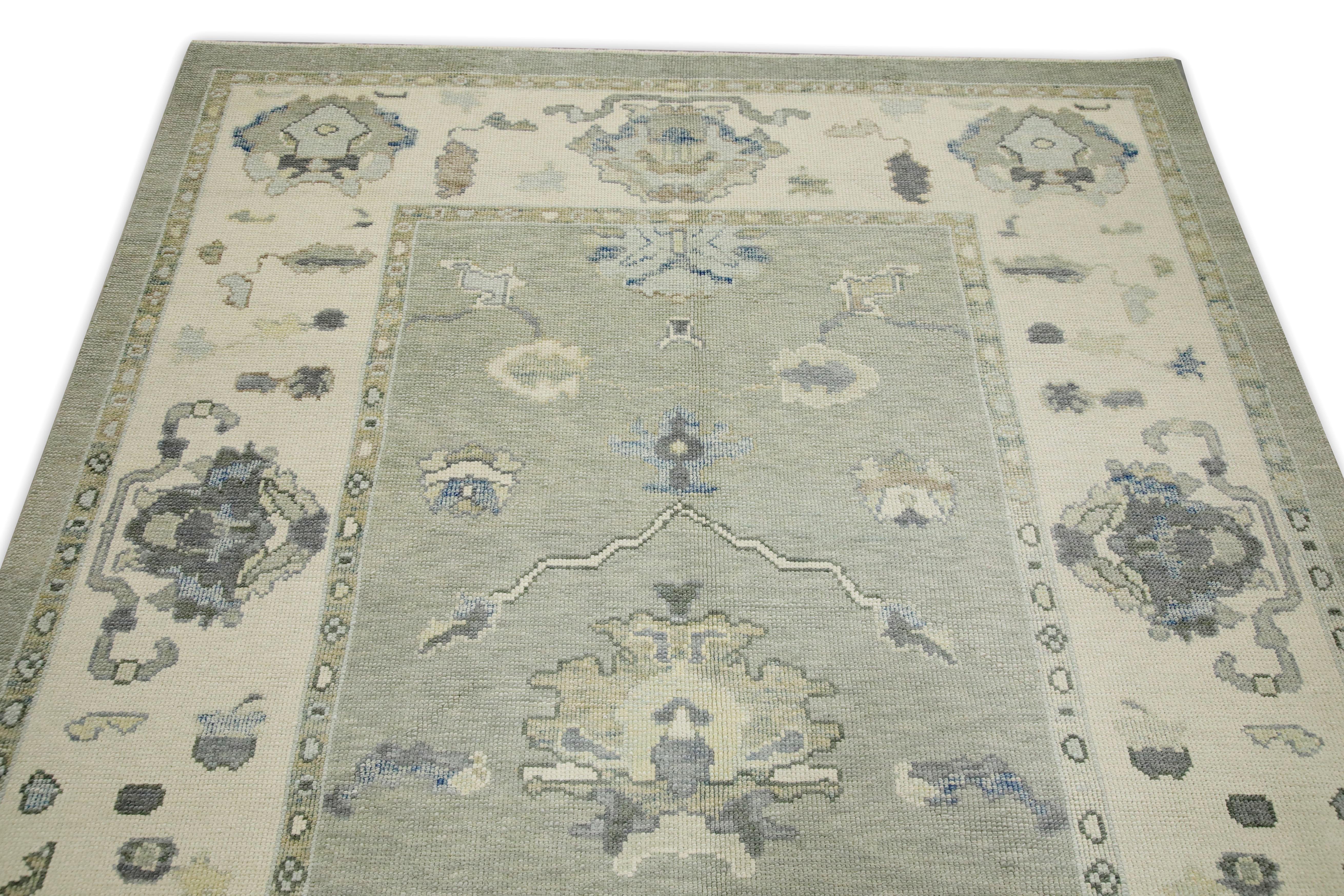Turkish Oushak Rug Gray & Blue Floral Design Handwoven Wool Rug 5'11